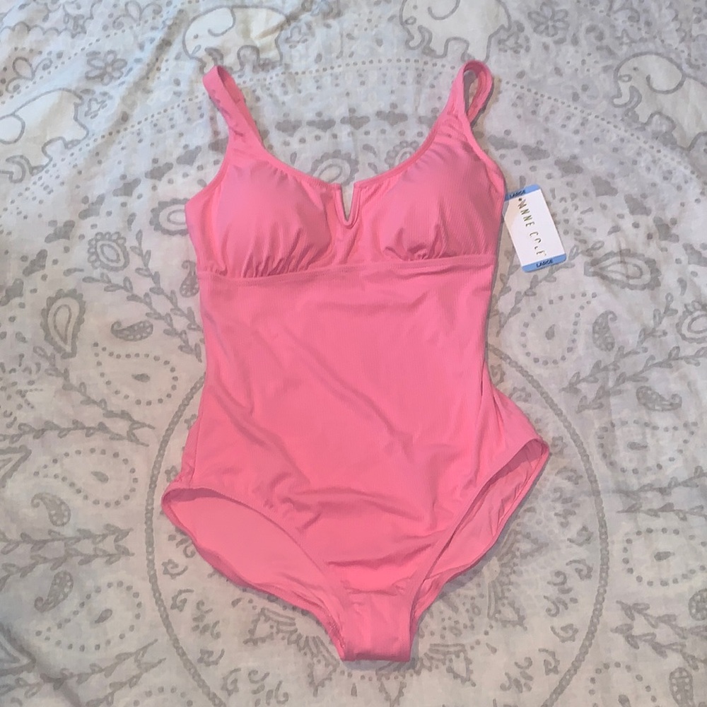 NWT Anne Cole Square Neck One Piece Swimsuit Ribbed Pink Sz Large